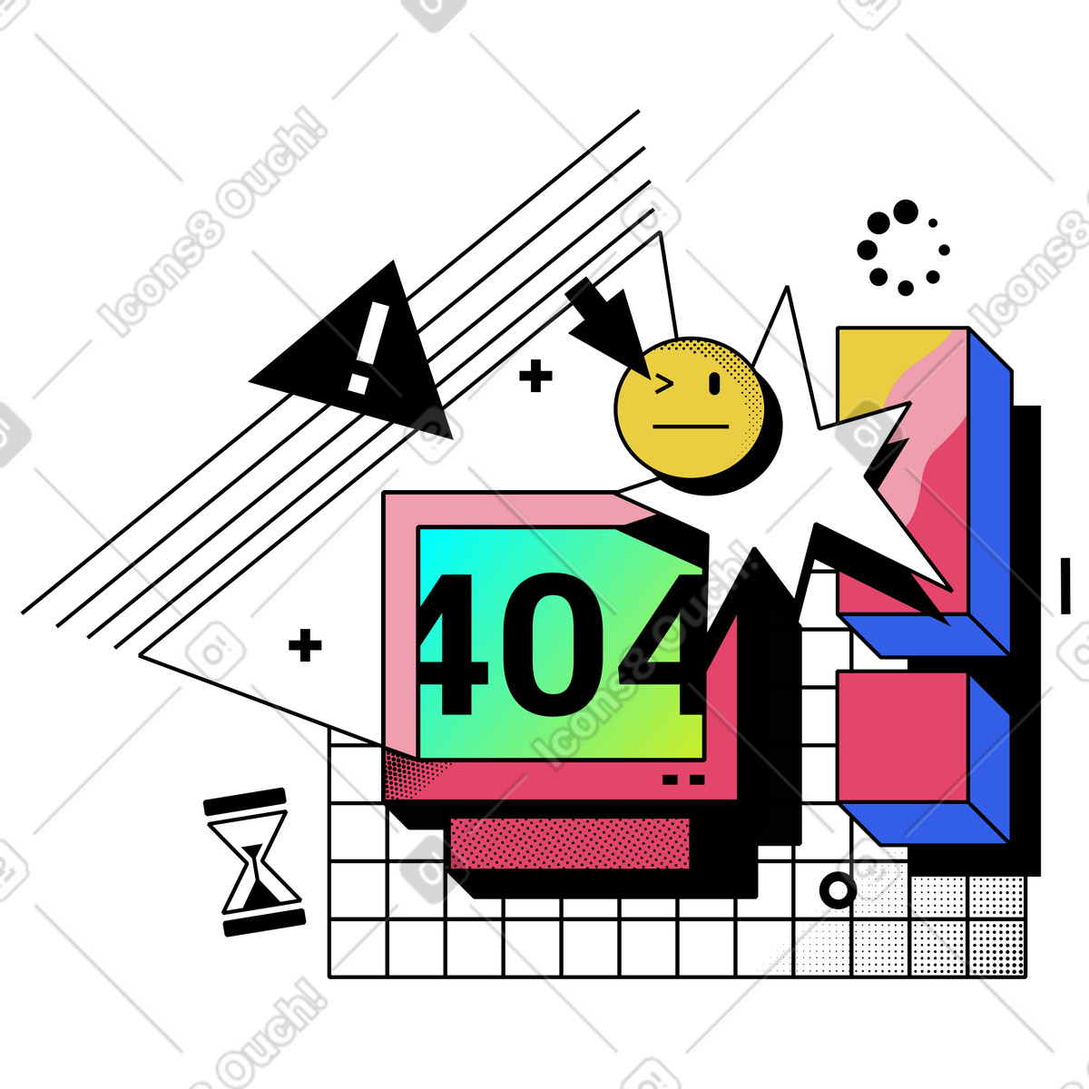 Memphis スタイルの パソコン画面上の404エラー のイラストをPNG、SVG形式でダウンロード