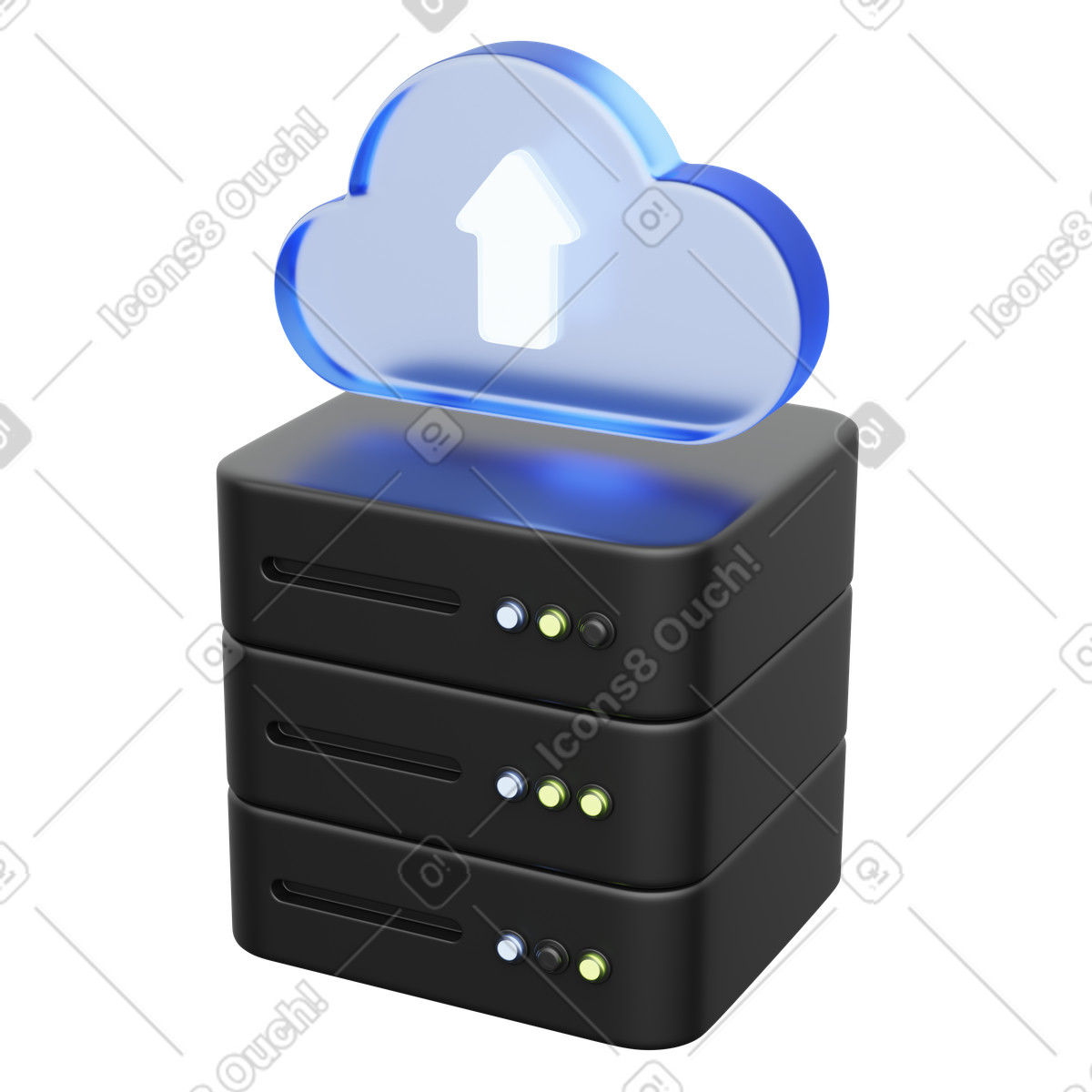 Cloud storage server stack showing data upload arrow for online backup illustrazione in stile 3D Playful scarica in PNG, SVG
