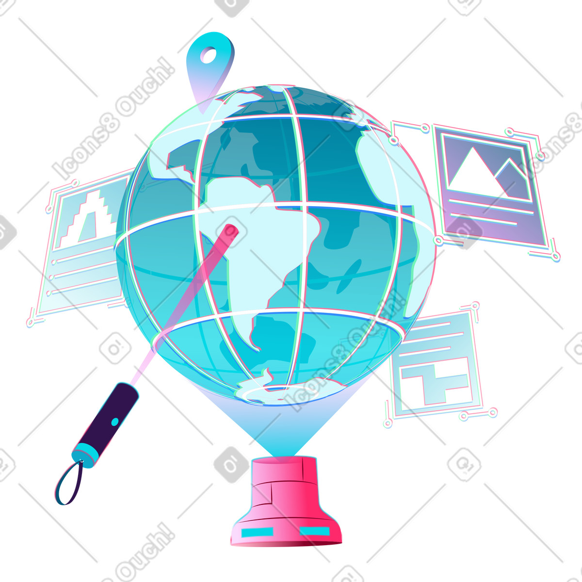 Holographic globe illustration featuring interactive data panels in education technology clipart PNG