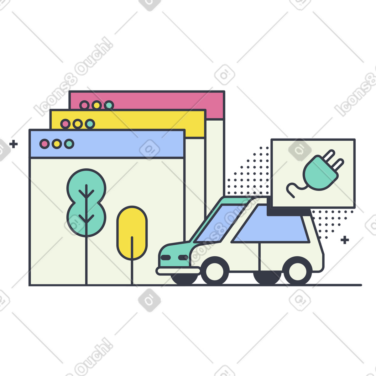 Electric car with plug illustration in PNG, SVG