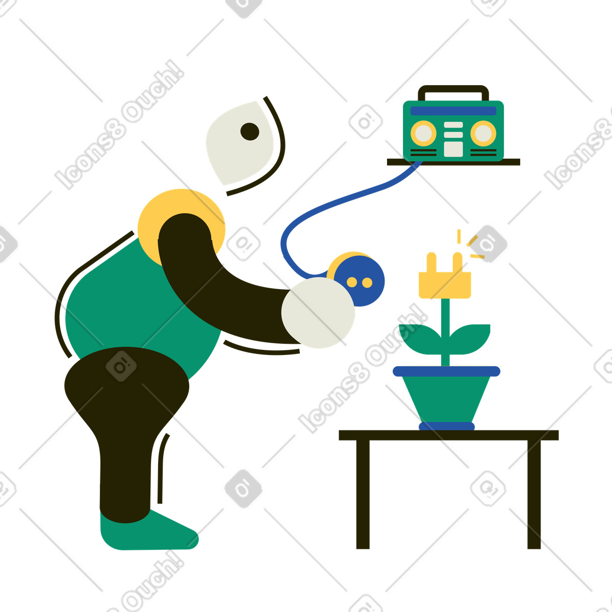Man using green energy source to power boombox illustration in Spot style download in PNG, SVG