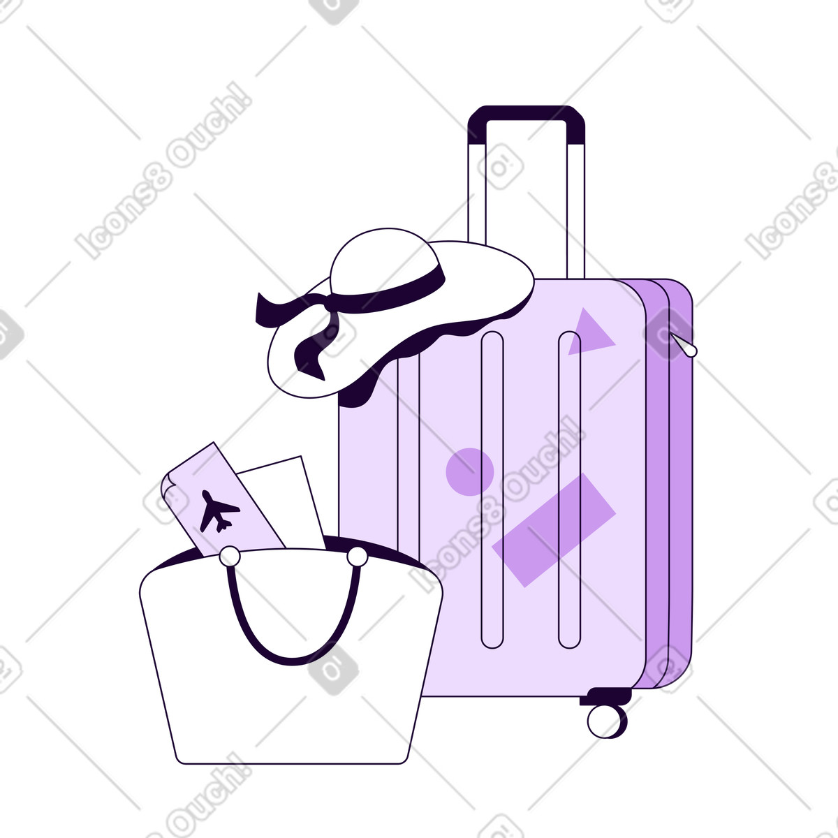 Koffer auf rädern und urlaubsartikel-Illustration im Martina-Stil als Download in PNG, SVG
