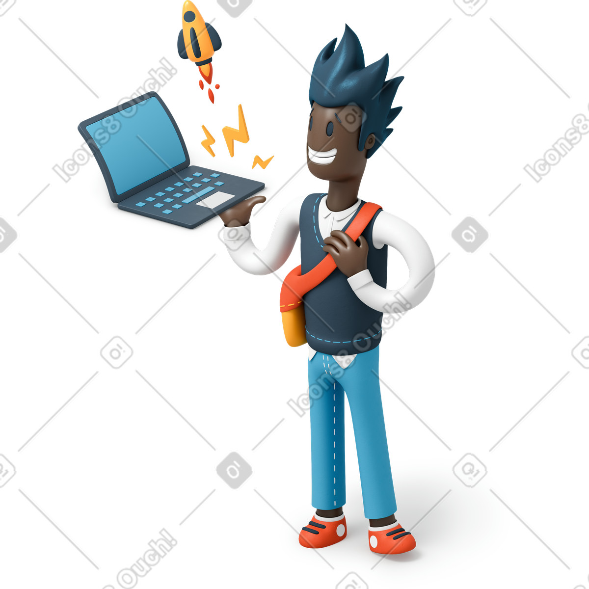 Uomo che presenta idea di business sul computer portatile illustrazione in stile 3D Flame scarica in PNG, SVG