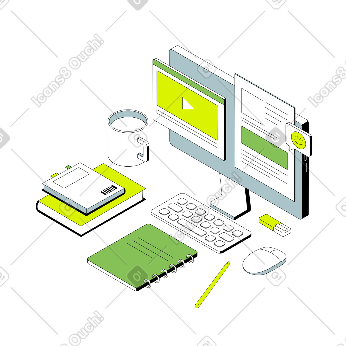 Supplies for online education, e-learning illustration in Isometric style download in PNG, SVG