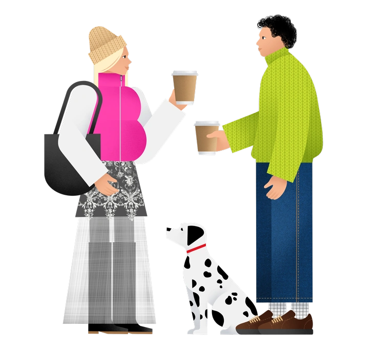 A couple admiring artwork in a gallery - Patchwork style illustration