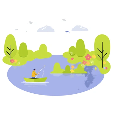 A tiny fisherman wearing a blue cap and a bright yellow raincoat stands in a small green boat. He is casting a fishing line into a large, tranquil pond. The water of the pond reflects the clear blue sky and fluffy white clouds above. Surrounding the pond are lush green trees with colorful flowers blooming along the banks. In the distance, a few birds can be seen flying over the water, adding life to the scene.