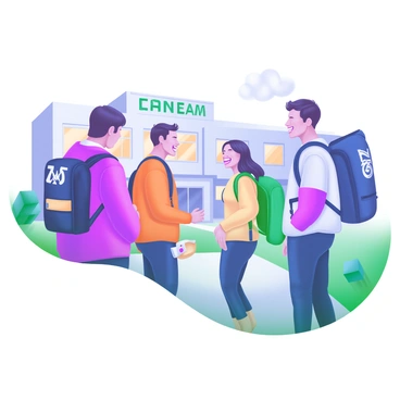 A group of students is gathered outside a school, wearing stylish Gant backpacks and jackets. The students are engaged in animated conversation, with some smiling and laughing. The scene features a mix of different colors and patterns in their clothing. The school building is visible in the background, adding context to the setting. Bright sunlight illuminates the scene, casting gentle shadows on the ground.