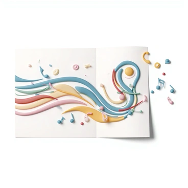 A sheet of music with flowing "musical notes" cascading across the page. The notes are transitioning into "vibrant colors" that swirl and blend together, creating a dynamic visual effect. The shapes formed by the colors are diverse, including "spirals, waves, and geometric patterns," enhancing the sense of movement and rhythm. Some of the colors are bright "red, blue, yellow, and green," contrasting with the white background of the page. The composition captures the essence of music coming to life through visual representation.