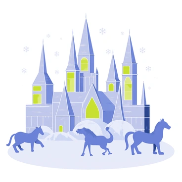 A kingdom made entirely of ice is depicted with towering shimmering palaces crafted from translucent ice blocks. The palaces feature tall spires that glisten in the light, reflecting a spectrum of colors. Surrounding the palaces are intricate ice sculptures of mythical creatures, each one showing fine details and elegance. The ground is covered with a smooth layer of ice, making the scene appear pristine and otherworldly. Snowflakes gently fall from the sky, adding to the magical atmosphere of this frozen kingdom.