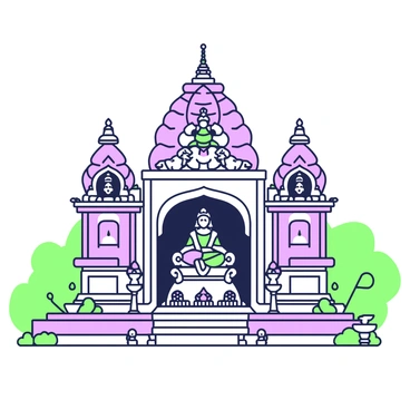 A grand temple dedicated to "Goddess Lakshmi" stands majestically with ornate architecture. The temple features towering spires and intricate carvings that depict various deities and floral motifs. A large, central entrance is embellished with detailed sculptures of "Goddess Lakshmi" surrounded by elephants and peacocks. In front of the temple, there are beautifully arranged flowers placed on a stone pedestal, while a pathway leading up to the entrance is lined with small oil lamps. The surrounding area is filled with lush greenery, enhancing the temple’s grandeur.