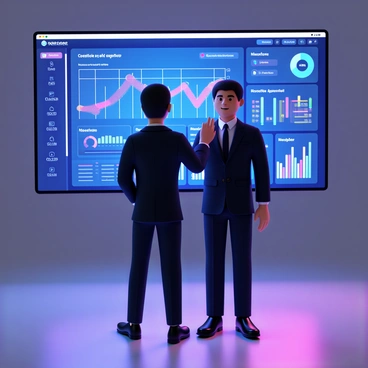 A person with short black hair, wearing a sleek, fitted blue suit, is seated at a high-tech futuristic desk. The desk features a large, illuminated dashboard displaying various financial metrics in vibrant colors. Graphs and charts are dynamically updating, and there are digital indicators showing stock trends and currency rates. The person is focused, with one hand on the desk and the other pointing at a specific metric on the dashboard. The background is a modern office space with glass walls and ambient lighting.
