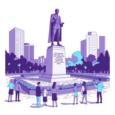 A large, imposing statue stands in the center of a bustling city square, capturing the attention of passersby. The statue, crafted from a shiny material, depicts a heroic figure with a determined expression, dressed in an intricately designed uniform. The hero is positioned atop a sturdy pedestal, which is adorned with engraved patterns and inscriptions honoring their bravery. Surrounding the statue are vibrant flowers planted in neatly arranged beds, contrasting against the gray cobblestone pavement. People of various ages gather around the statue, some taking photographs while others read the inscriptions with reverence. In the background, tall buildings and trees frame the scene, adding to the atmosphere of the square.