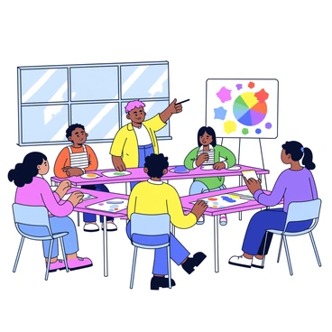 A classroom setting with several students engaged in a color theory lesson. Each student is seated at a table, surrounded by various paint swatches in different colors. Some students are mixing paints on their palettes, while others are applying colors to paper. The teacher stands at the front, pointing to a color wheel displayed on a board. Bright natural light filters in through large windows, illuminating the vibrant colors of the paint swatches.