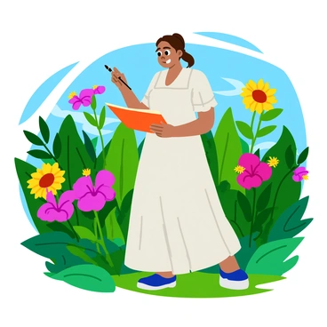 A woman standing in a vibrant botanical garden, surrounded by large, colorful flowers and green leaves. She is holding a paintbrush, capturing the beauty of tropical blooms in her sketchbook. Her hair is tied back, and she wears a light, flowing dress that flutters in the gentle breeze. The garden is filled with various types of plants, showcasing bright blooms like orchids, hibiscus, and sunflowers, along with lush foliage that creates a lively atmosphere. The sunlight filters through the leaves, creating a cheerful light across the scene.