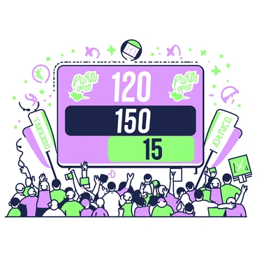 A large scoreboard is prominently displayed in a bustling basketball arena. The scoreboard shows a record-breaking score of "120" in bright lights, with the opposing team's score, "115," visible just below it. The crowd in the stands is filled with excited fans, some are standing and cheering, while others hold up signs in support of their team. Bright flash bulbs go off as photographers capture the moment. The scoreboard is framed by colorful banners celebrating the historic game, adding to the vibrant atmosphere of the event.