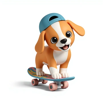 A cartoon puppy with large, expressive eyes and floppy ears is riding a skateboard. The puppy has a golden-brown coat with white spots. It is wearing a vibrant blue backward cap that sits slightly tilted on its head. The skateboard is colorful, with bright designs on the underside. The puppy is positioned in a playful stance, with its front paws on the skateboard and its hind legs pushing off the ground. A sense of motion is created as the puppy leans forward, showing excitement and joy while riding.