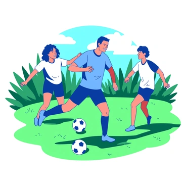 A blue soccer player is dribbling a white soccer ball past two orange defenders on a lush green field. The player is in mid-motion, with one leg extended forward and a focused expression on his face. The defenders are stretching their arms out in an attempt to intercept the ball. Behind them, there are vibrant green grass blades and a clear blue sky in the background, creating a lively atmosphere. The scene captures the intensity and excitement of the game as the player maneuvers skillfully around the defenders.