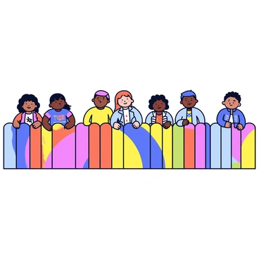 A long fence painted in bright colors. The mural showcases various figures of people from different backgrounds, standing together in a display of unity and diversity. Each figure is surrounded by symbols and motifs representing different cultures, such as traditional patterns and elements. The background features a gradient of colors blending smoothly, enhancing the vibrant theme of the mural. The fence itself is made of wooden planks, with the texture of the wood visible beneath the paint.