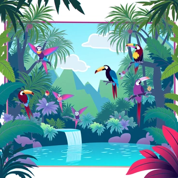 A vibrant mural depicting a tropical jungle filled with diverse wildlife. The scene includes a variety of lush green trees and plants, with large leaves and colorful flowers. Brightly colored birds, such as parrots and toucans, are perched among the branches, showcasing their vivid feathers. A sloth hangs lazily from a tree branch, while monkeys swing playfully in the foliage. The ground is covered with rich undergrowth, and a small waterfall cascades into a clear pool, reflecting the vivid colors of the jungle. Sunlight filters through the canopy, casting dappled light across the scene.
