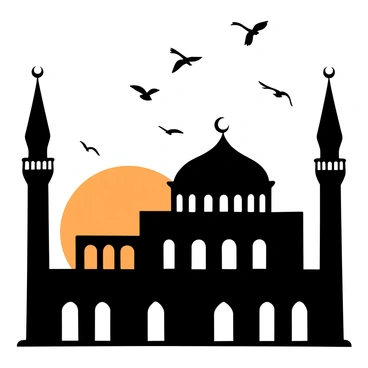 A grand mosque silhouette with a large dome and minarets is prominently featured against a backdrop of a sunset. The sun is low on the horizon, casting a gradient of shadows. Several birds are flying across the sky, their shapes defined in black against the fading light. The mosque’s architectural details, including arches and intricate patterns, can be seen in silhouette form.