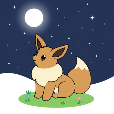 An Eevee with soft brown fur and large expressive eyes is sitting on a patch of green grass. Its fluffy tail is curled up behind it, and its ears are perked up as it gazes upwards. Above the Eevee, a bright full moon shines in the dark blue night sky, surrounded by twinkling white stars. The moon casts a gentle glow, illuminating the Eevee's features as it looks curiously at the celestial scene. The grass around it is dotted with tiny colorful flowers, adding a touch of whimsy to the tranquil nighttime setting.