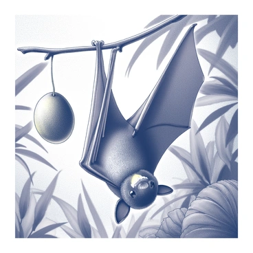 A fruit bat with large wings and prominent ears is hanging upside down from a branch in a tropical forest. Its fur is textured and detailed, showing variations in shades of black and white. The bat is nibbling on a ripe mango, which has a textured surface and is partially bitten into, revealing its juicy interior. Surrounding the bat are lush, green leaves and tropical plants, creating a dense and vibrant environment. Sunlight filters through the foliage, casting intricate shadows on the scene.