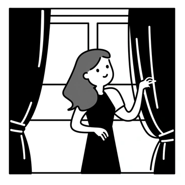 A silhouette of a woman is standing in a window. The window is large and framed by heavy, dark curtains that partially obscure the light. The woman has long hair, which is flowing down her back, and she is wearing a simple dress. She stands in a relaxed pose, with one hand resting on the window frame, creating a clear outline against the light coming through the glass.