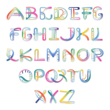 An alphabet where each letter is formed from intertwining DNA strands. Each letter displays a double helix structure, with vibrant colors representing different nucleotides. The strands twist and spiral elegantly, creating a three-dimensional effect. The letters are surrounded by a soft glow, emphasizing their complex form. The background is a subtle gradient that softly transitions from light blue to white, enhancing the visibility of the DNA letters.