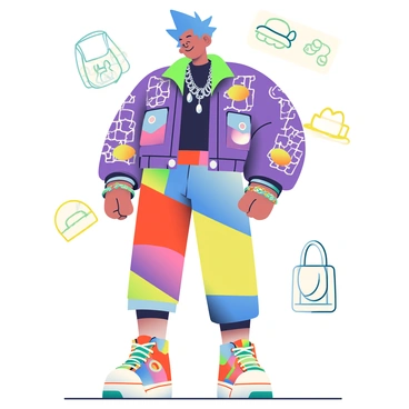 A unique character stands in a dynamic pose, showcasing expressive clothing and accessories. The character has bright blue hair styled in a spiky manner. They are wearing a vibrant purple jacket adorned with intricate patterns and oversized pockets. Beneath the jacket, there is a fitted black shirt with neon green accents. 

Their pants are multicolored, featuring a patchwork design that includes red, yellow, and blue sections. On their feet, they wear high-top sneakers with bold geometric designs. The character's accessories include a chunky silver necklace with hanging charms and multiple bracelets of various colors on their wrists. 

In the background, there are scattered sketches of additional accessory ideas, such as hats and bags, hinting at a creative process. The scene is filled with vibrant marker strokes that emphasize the character's lively presence.