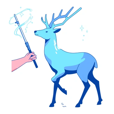 A blue shimmering Patronus is emerging from a silver wand held in a steady hand. The Patronus takes the form of a graceful stag, its antlers soaring high and its body radiating light. The wand is pointed slightly upwards, with wisps of glowing energy trailing from the tip. The stag stands in a protective stance, with its legs firmly planted and its head held high, ready to defend. Surrounding the scene, there are faint sparkles of light that enhance the magical atmosphere.