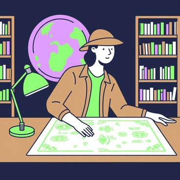 An explorer is standing at a large wooden table in a dimly lit library. The explorer is wearing a brown leather jacket and a rugged hat. In front of him lies an ancient map spread out on the table, with intricate designs and markings visible. The room is lined with tall bookshelves filled with old books, their spines worn and faded. A single green lamp casts a soft light over the map, illuminating the explorer's focused expression. In the background, a large globe is partially visible, adding to the sense of exploration and adventure.