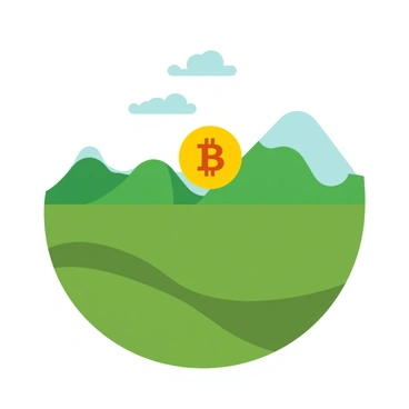 A landscape featuring rolling hills with a giant "bitcoin" symbol carved into the earth.