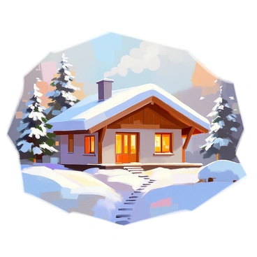 A winter chalet sits nestled in a snowy landscape, its wooden structure adorned with a thick layer of snow on the rooftop and along the window sills. Smoke billows gently from the chimney, creating a serene atmosphere. Surrounding the chalet are snow-covered pine trees, their branches heavy with white powder. The ground is blanketed in fresh snow, and small footprints lead up to the front door, suggesting warmth and comfort inside. The scene is tranquil, capturing the essence of a cozy winter retreat.