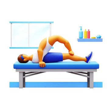 An athlete with a muscular build is performing stretching exercises on a massage table. The athlete is wearing a form-fitting sports outfit, showcasing athletic shoes and sweatbands. The massage table is set in a bright room with soft natural light. The athlete is focusing on a leg stretch, reaching for their toes. Nearby, there are various massage tools and a bottle of water resting on a small table. The overall scene conveys preparation and focus before the sports massage session.