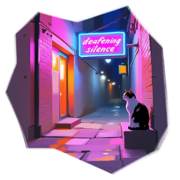 A quiet alleyway at night, illuminated by bright neon signs that read "deafening silence." The signs cast a vibrant glow in shades of pink and blue, reflecting off the wet pavement. The walls of the alley are lined with aged brick, and shadows loom in the corners, creating a sense of depth. A solitary cat with glossy fur is perched on a ledge, watching the scene intently. The atmosphere is one of contrast, with the vivid colors of the neon signs standing out against the dark surrounding environment.