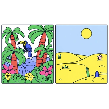 A vibrant jungle scene on the left side filled with tall green palm trees and large broad-leaved tropical plants. Colorful flowers like red hibiscus and yellow orchids bloom amidst the foliage. Various exotic animals are present, including a toucan with a bright yellow beak perched on a branch and a small monkey swinging through the trees. On the right side, a sun-soaked desert landscape stretches out with golden sand dunes under a clear blue sky. Sparse vegetation like cacti and small shrubs dot the sandy terrain, with the sun casting long shadows across the ground.