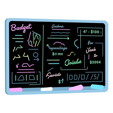 A blackboard filled with various budget plans and calculations written in bright, colorful chalk. The chalk includes detailed graphs, charts, and numerical figures, all outlined in vivid shades of pink, blue, green, and yellow. Some sections of the blackboard display headings like "Income," "Expenses," and "Savings," creating a structured layout of financial information. The overall scene embodies an organized yet vibrant approach to budgeting.