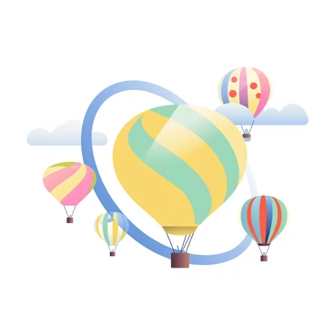 Several colorful hot air balloons are floating in the sky. Each balloon has distinct patterns, such as stripes, polka dots, and floral designs. A blue jet trail is curving gracefully behind the balloons, contrasting with the bright colors above. In the background, the sky is a soft gradient transitioning from light blue near the horizon to a deeper blue at the top. The balloons are varying in size, creating a sense of depth and perspective.