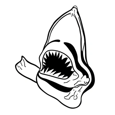 A detailed black-and-white illustration of the mouth anatomy of a great white shark. The image focuses on the shark's jaw structure, showcasing the rows of sharp teeth and the muscular ligaments that support the jaw. The gills are visible behind the mouth, adding context to the shark's anatomy. The overall composition emphasizes the strong jaw and its proportionate features, illustrating the intricate details of the cartilage and teeth arrangement.