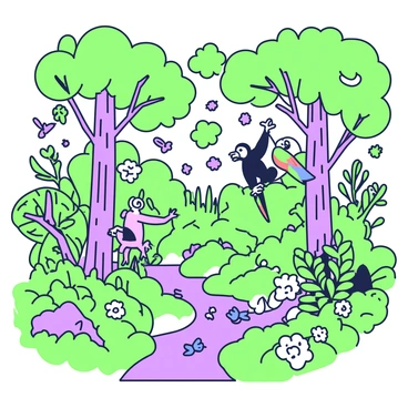 A dense rainforest filled with a variety of plants and animals. Towering trees with broad leaves create a rich canopy overhead. In the foreground, a colorful parrot is perched on a branch, its feathers detailed and vibrant. Nearby, a small monkey is playfully hanging from a vine, surrounded by large green ferns and tropical flowers. The ground is covered with lush green vegetation, and a stream can be seen winding through the scene, reflecting the surrounding greenery. Brightly colored butterflies flutter around, adding life to the vibrant ecosystem.