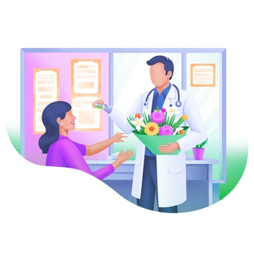 A doctor stands in a bright, modern office, holding a beautifully arranged bouquet of colorful flowers in their hands. The flowers include vibrant pink roses, sunny yellow daisies, and delicate white lilies. A smiling patient stands in front of the doctor, extending their hand in gratitude while wearing a warm expression. The walls of the office are painted in soft pastel colors, and there are medical certificates displayed in elegant frames. A stethoscope hangs around the doctor's neck, and a small potted plant sits on the desk in the background.