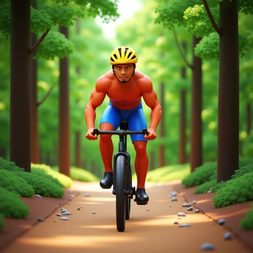 A cyclist with a bright yellow helmet is riding through a dense forest trail, surrounded by tall green trees. The cyclist's muscular legs are visible, powerfully pumping the pedals of a sleek, black mountain bike. The ground is covered in a mix of dirt and small stones, with dappled sunlight filtering through the canopy above, casting shadows on the trail. The cyclist's determined expression showcases focus and intensity as they navigate the winding path. The scene captures the energy and motion of the ride, emphasizing the strength of the cyclist's legs in action.