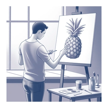 An artist painting a large pineapple on a canvas in a sunlit studio