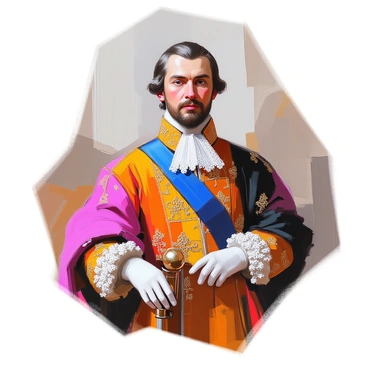 A finely detailed engraved portrait of a nobleman dressed in elaborate period attire. He has a regal expression, with neatly styled hair and a well-groomed beard. His clothing features intricate patterns, with a richly embroidered coat in deep colors, adorned with gold accents. A lace collar peeks out from under the coat, adding elegance to his appearance. The nobleman is posed confidently, with one hand resting on a decorative cane. The background consists of subtle textures that complement the portrait without drawing attention away from the figure.