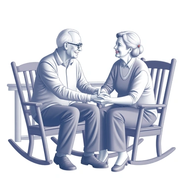 An elderly couple holding hands, sitting together on a porch, sharing a quiet moment.
