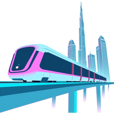 A sleek Dubai Metro train gliding smoothly along its elevated tracks, showcasing its shiny metallic exterior. The train is a vibrant contrast against the backdrop of the bustling city. In the background, the iconic skyline of Dubai features futuristic skyscrapers, including the Burj Khalifa towering impressively among other modern buildings. The sky is clear, allowing for bright sunlight to illuminate the scene, highlighting the train's streamlined design and the architectural details of the buildings.
