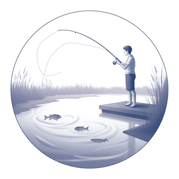 A round frame encloses a scene depicting a person fishing at a pond. The individual stands on a small wooden dock, holding a fishing rod with a line cast into the water. The person's posture is relaxed as they patiently wait for a catch. Gentle ripples spread across the surface of the pond, indicating a light breeze. Tall grass and a few trees border the pond, adding to the tranquil atmosphere of the setting. A couple of fish can be seen swimming near the surface, creating movement in the otherwise still water.