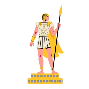 An action figure of a Greek hero standing in a dynamic pose. The hero is wearing a shiny bronze helmet with intricate engravings. He holds a long spear upright in one hand, with a cape flowing behind him. His armor is detailed with patterns, and his stance conveys strength and bravery. The base of the figure is a circular pedestal with decorative elements inspired by ancient Greek art.