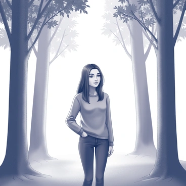 A young woman stands in a misty forest. She has long, dark hair that falls softly around her shoulders. She is wearing a simple outfit consisting of a fitted sweater and jeans. Tall trees surround her, their trunks thick and their leaves creating a canopy overhead. Soft light filters gently through the leaves, casting dappled shadows on the ground. The atmosphere is calm and tranquil, with a light mist weaving between the trees, enhancing the sense of depth in the scene.