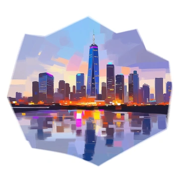 A city skyline at dusk, with tall skyscrapers and buildings creating a distinct silhouette that resembles a rib cage. The structures are varied in height and design, with sharp edges and rounded forms contributing to the rib-like appearance. The sky is painted in shades of deep blue and purple as the sun sets, providing a dramatic backdrop. Small lights in the windows of the buildings begin to twinkle, enhancing the outline of the skyline against the twilight.